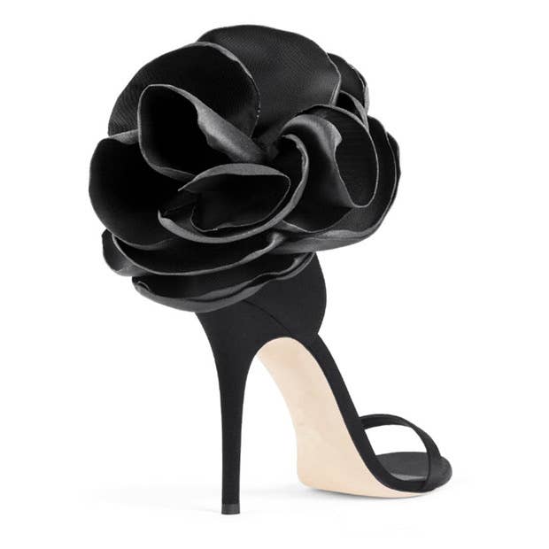 SH018 Blooming Satin Elegance - Floral Heel Sandals: English / Black10cm / 42