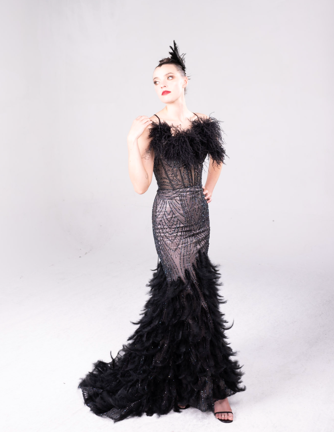 Beaded gown with fleah colored lining, feather details on the bodice and all over the maermaid style train.