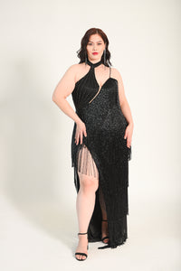 Beaded fringe gown, with a collar detail. One strap for extra support. Back zipper, and high split. 