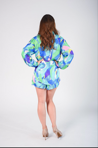 multicolored geometric satin fabric matching shit and shorts set. With button down style shirt and drawstring shorts detail