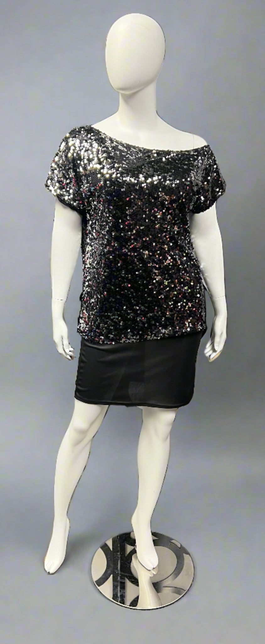 One Shoulder Sequin Top-Black & Silver Front