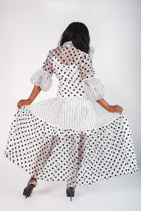 Black and white polka dot sheer dress with slip included. Tulle detail sleeves and necktie 