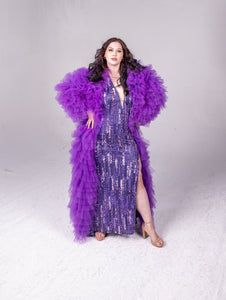 purple ruffle long sleeve coat with multiple layers, fully lined except for the sleeves. Floor length. 