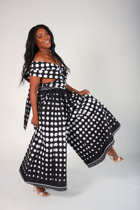 black and white polka dot cotton jumpsuit, with infinity style straps you can tie any way you'd like 