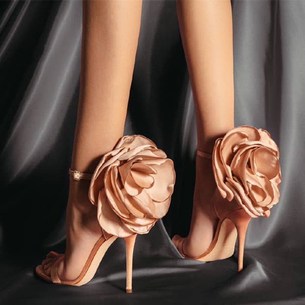 SH018 Blooming Satin Elegance - Floral Heel Sandals: English / Black10cm / 42
