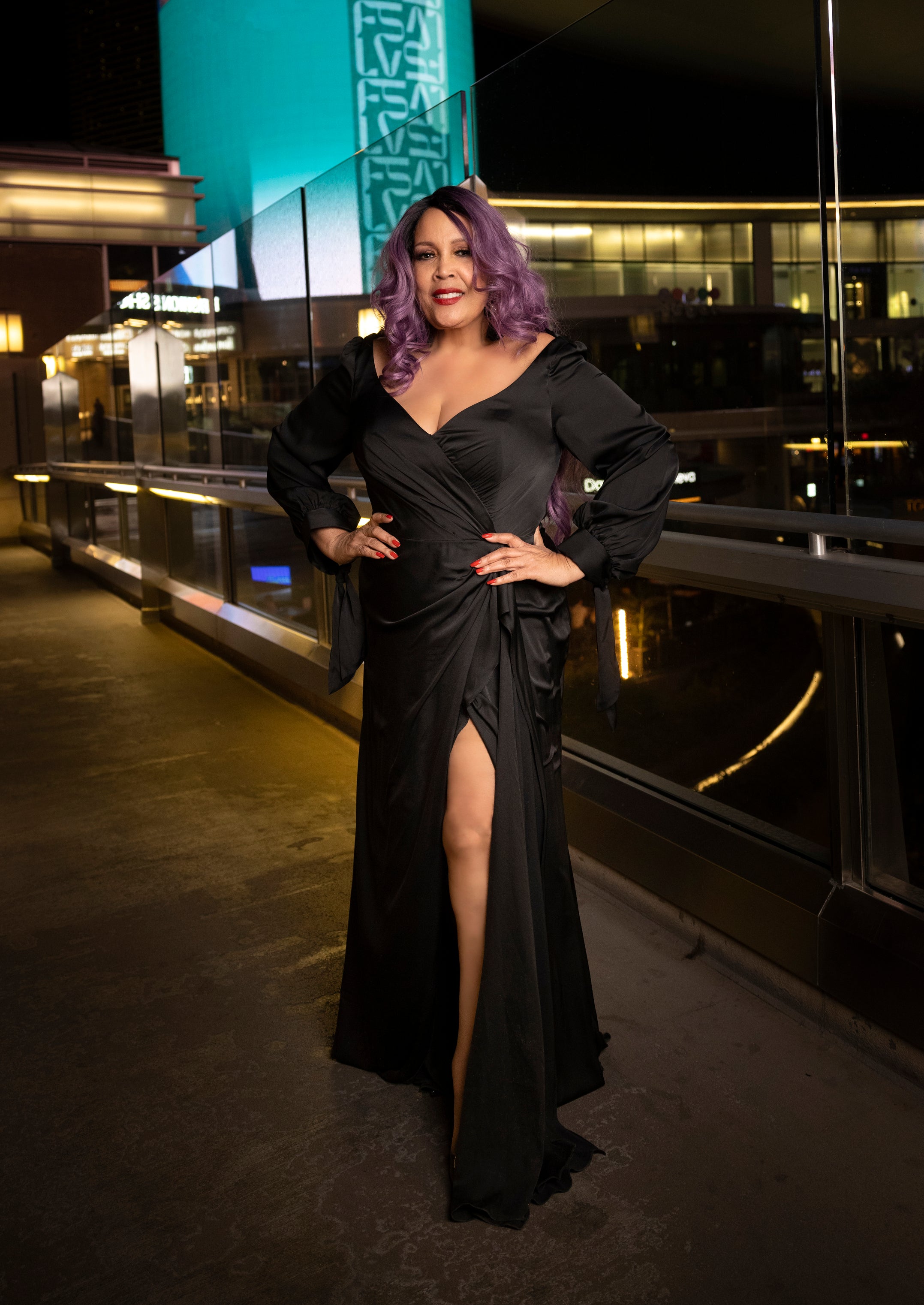 'Lorena' Satin Bow Sleeve Gown W/ Slit